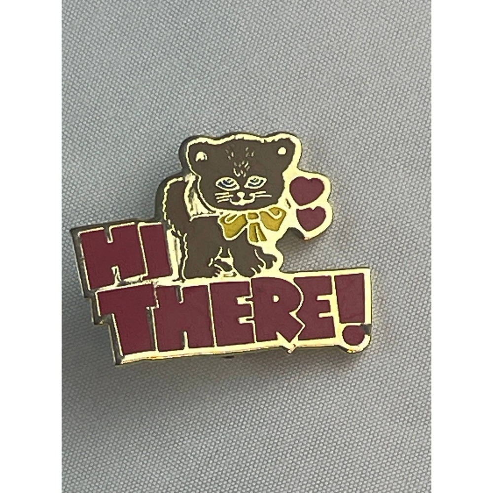 Cute Cat "HI THERE" Enamel Pin Badge Gold Tone‎ Yellow Bow Hearts 00834